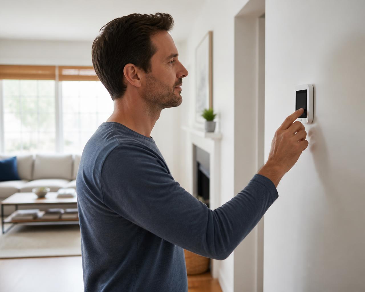 A homeowner adjusting a wall thermostat in a bright living room